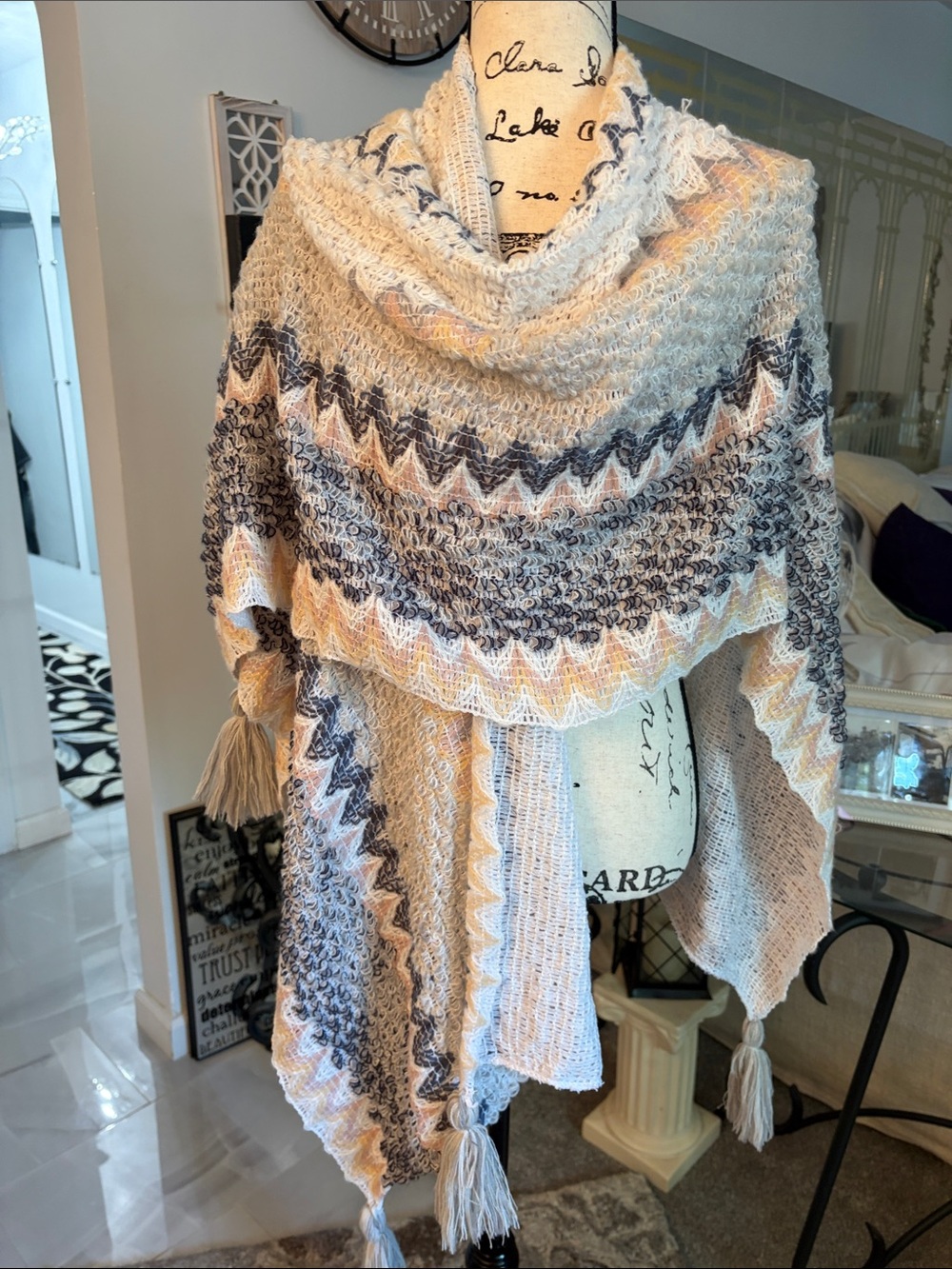 Chevron Tassel Knit Shawl in Cream, Gray & Navy